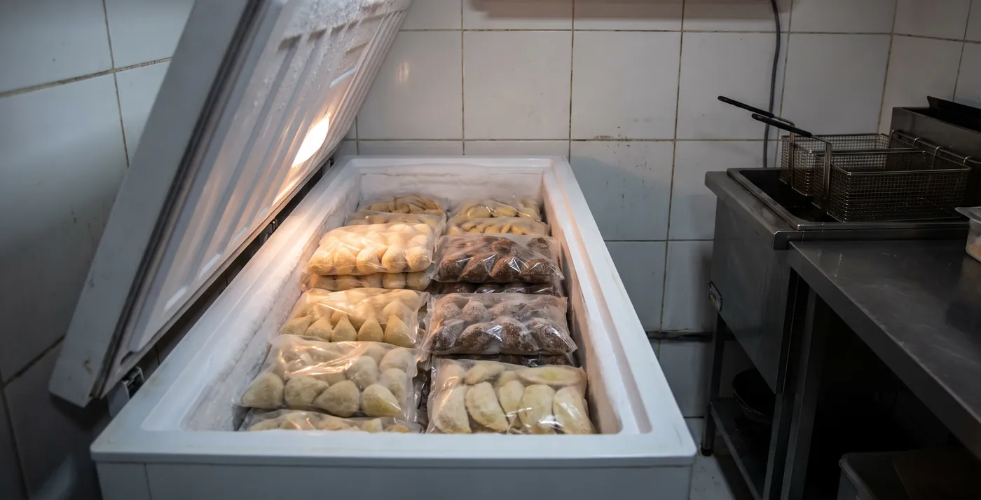 Freezer horizontal aberto com pacotes de salgados congelados