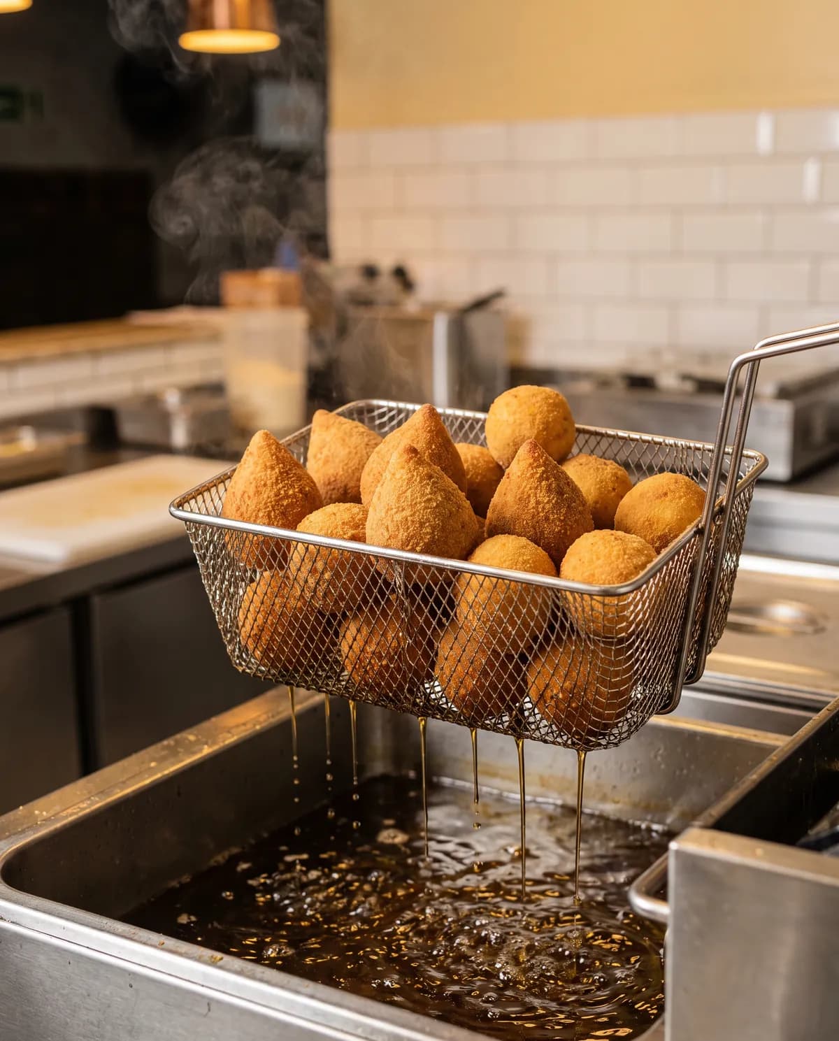 Cesto da fritadeira saindo do óleo cheio de coxinhas douradas