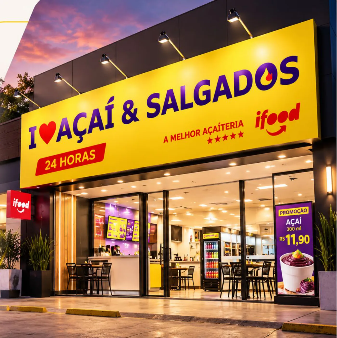 Fachada de uma loja I Love Açaí e Salgados à noite